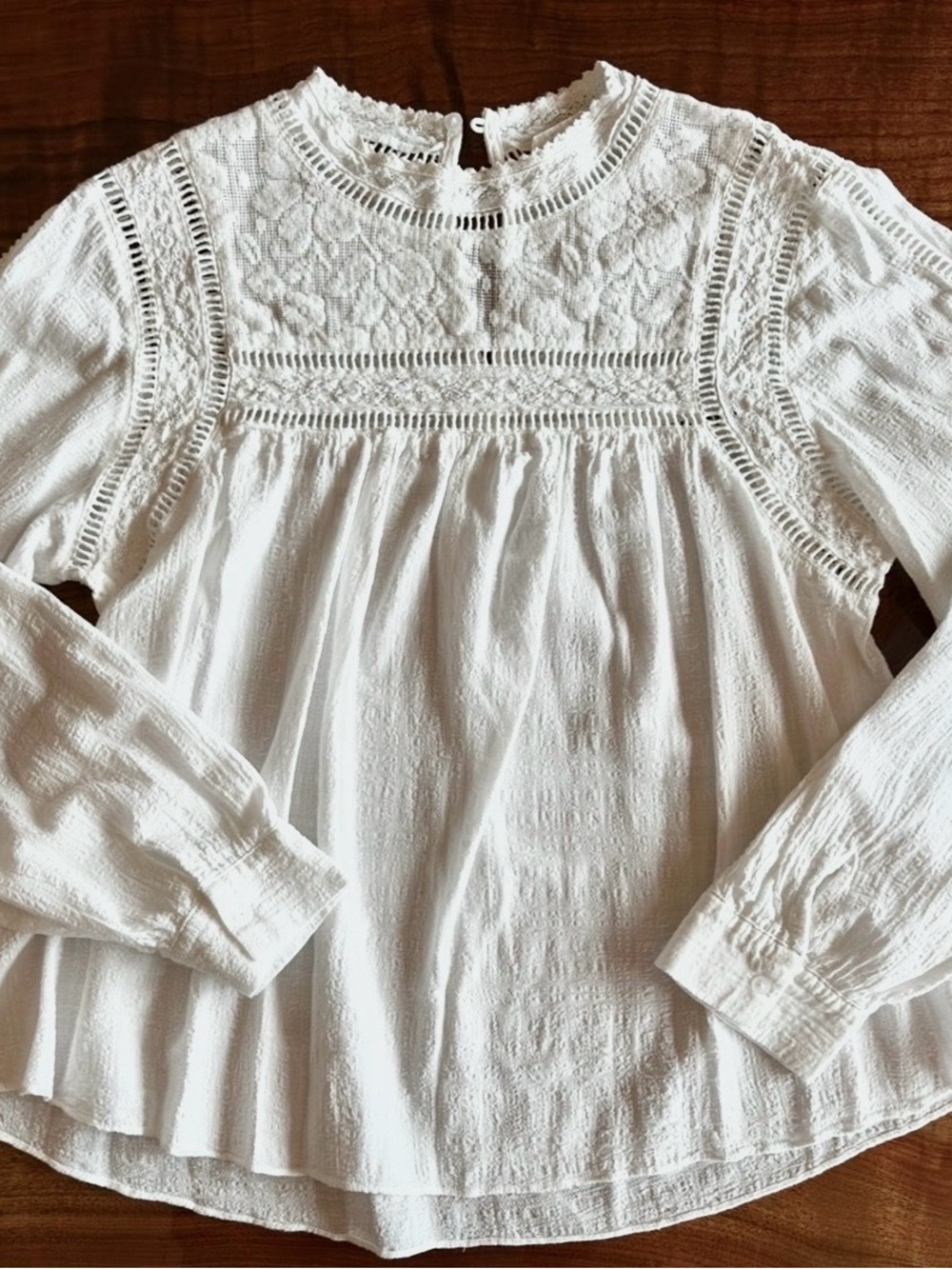 Miss Me Ivory Crinkled Lace Yoke Mock Neck Blouse Bohemian Embroidery Crochet - Picture 3 of 14